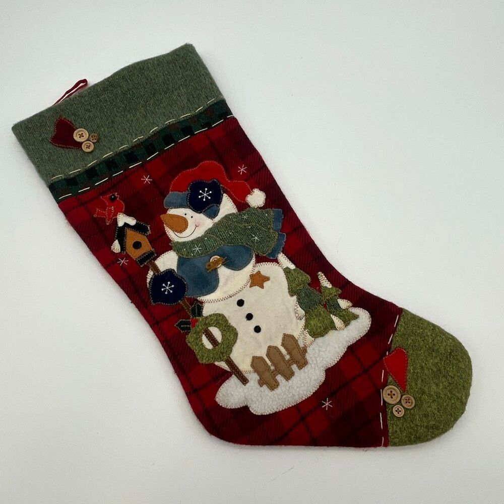 DAN DEE Collectors Choice Christmas Stocking Red Green 3D Snowman Applique Plaid